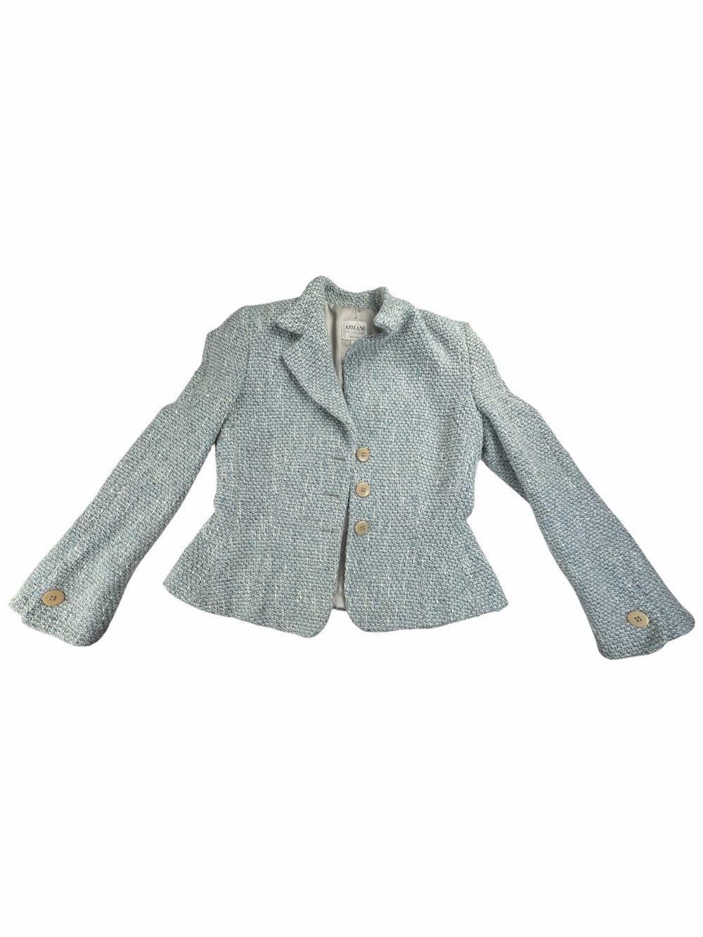 Vintage Armani Collezioni Women’s Tweed Sequin Baby Blue Wool Blazer/Jacket 6